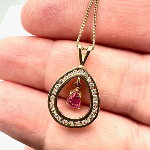 Estate Womens Necklace 14K Yellow Gold Ruby Diamond Pendant 18 Inch - Picture 6 of 6